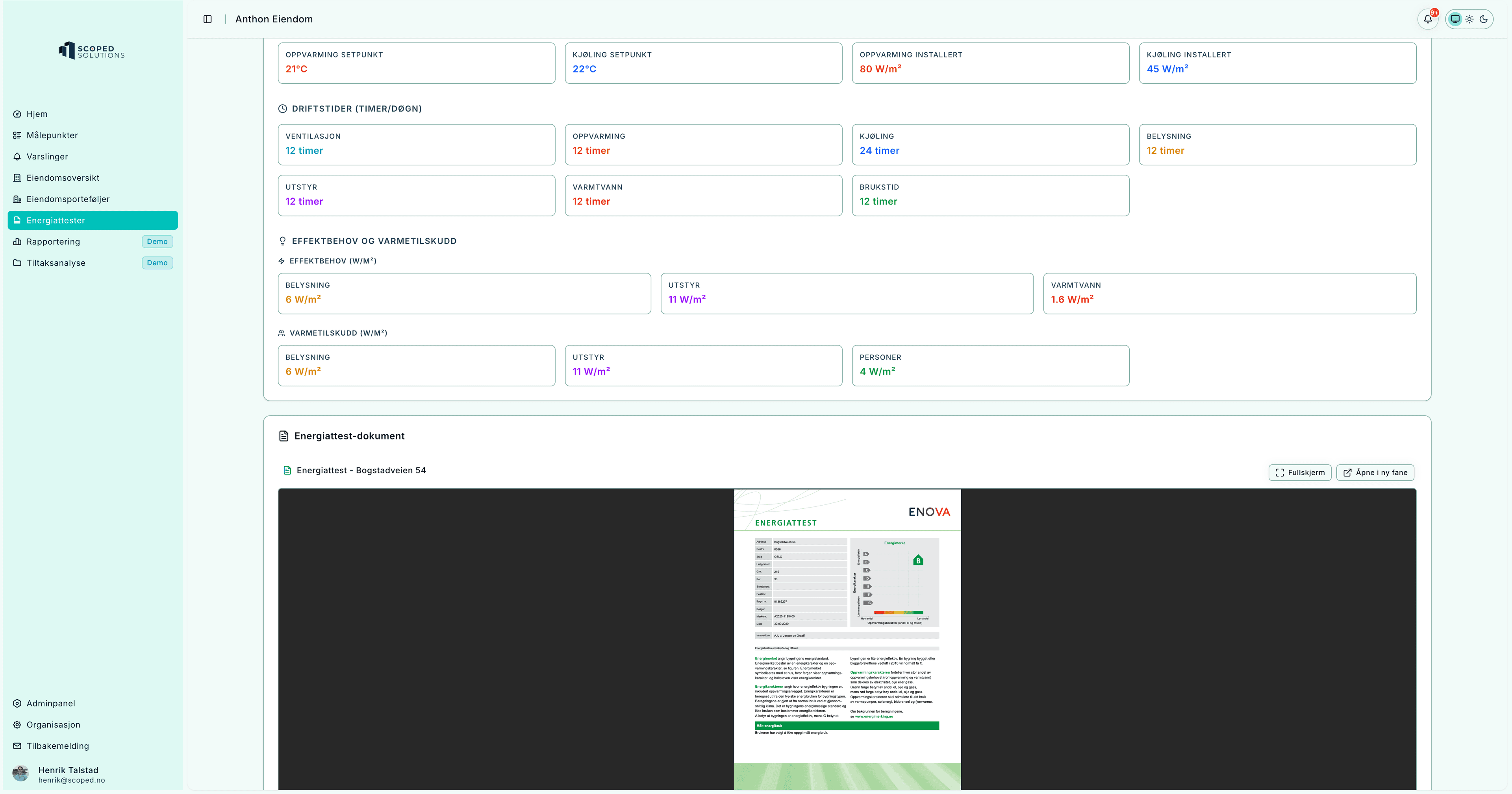 Energiattest – driftstider, setpunkter og dokumentvisning