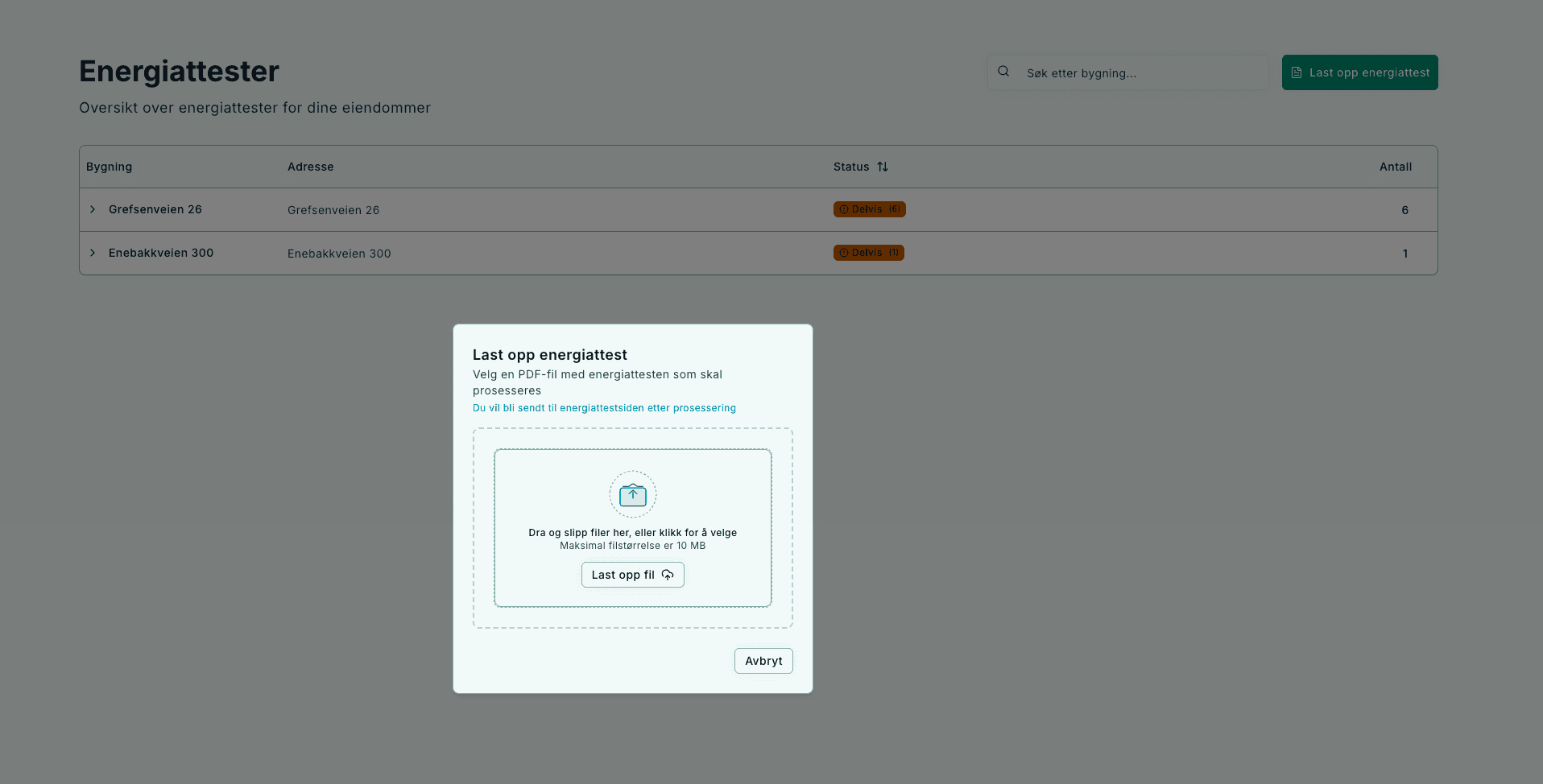 Energiattester – liste og opplastingsdialog