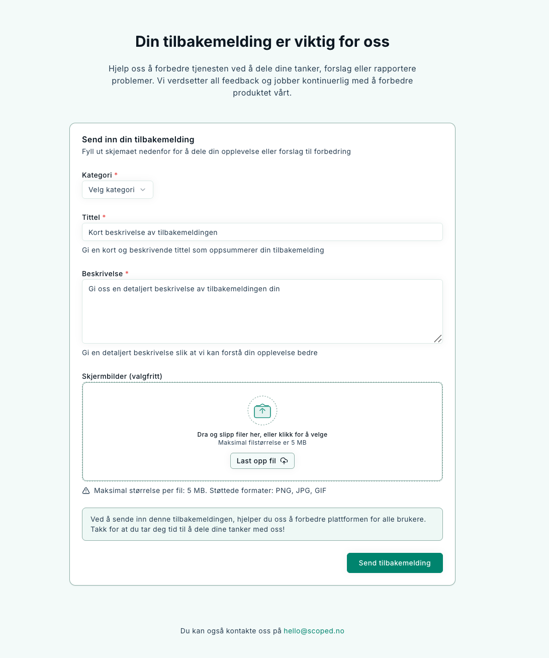 Screenshot of the feedback form: category selection, title and detailed description, field for uploading screenshots (max 5 MB), and submit button.