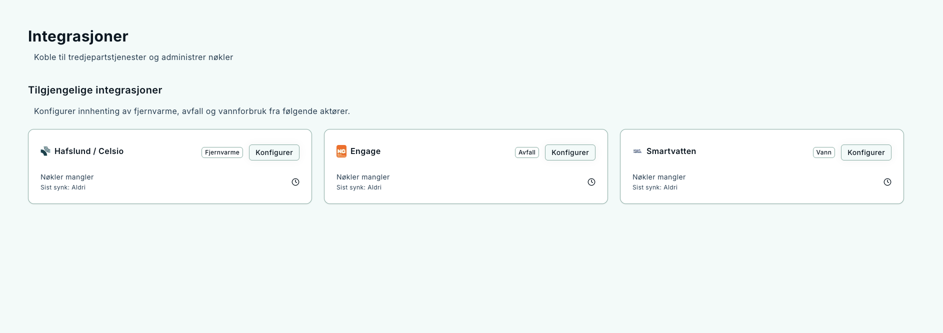 Integrasjoner – kortvisning for Celsio, Engage og Smartvatten, med status, sist synk og konfigurasjonsknapp.