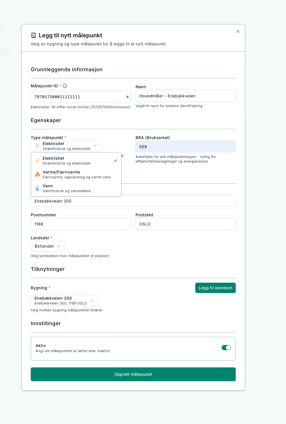 Skjema for å opprette målepunkt – ID, navn, type, bygg og status.