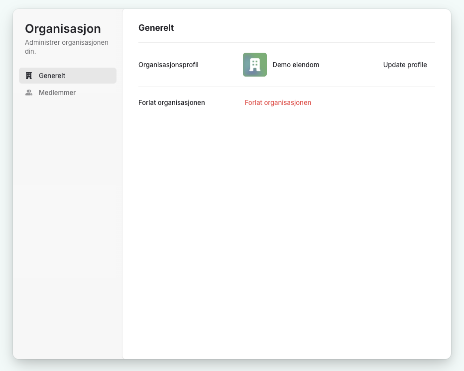 Organization – General: organization profile with name, icon and update options.