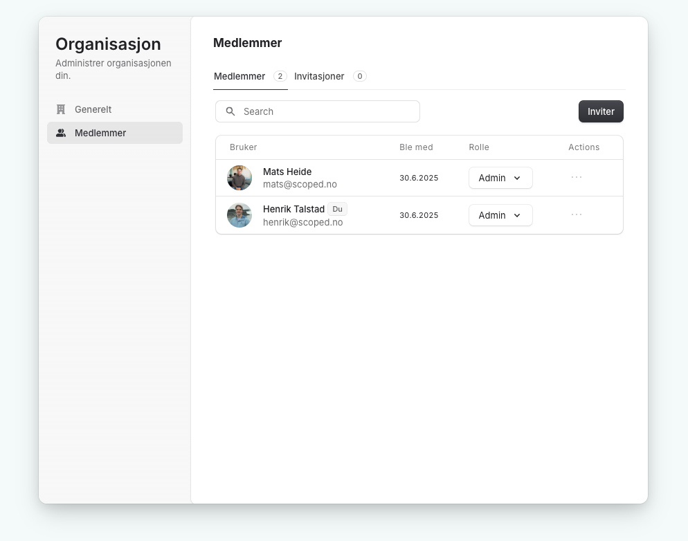 Organization – Members: list of users with email, roles, and actions.