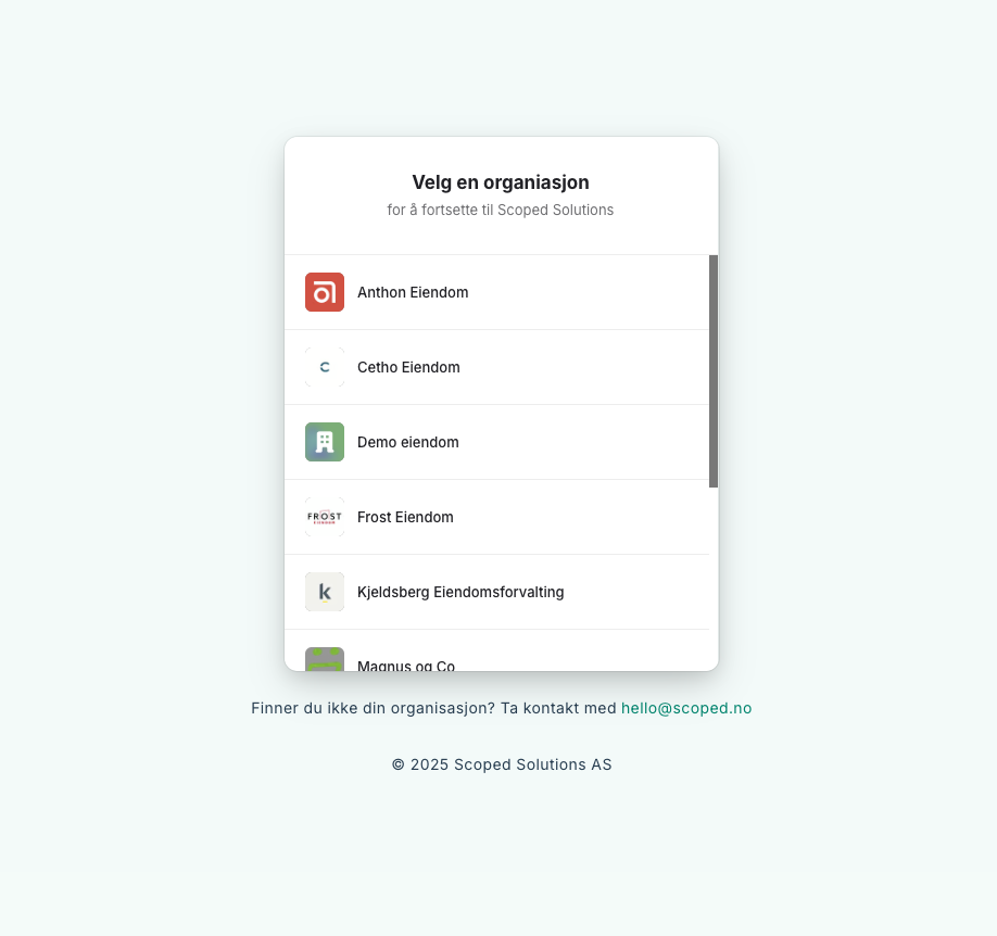 Choose organization dialog: list of available organizations with logo and name.