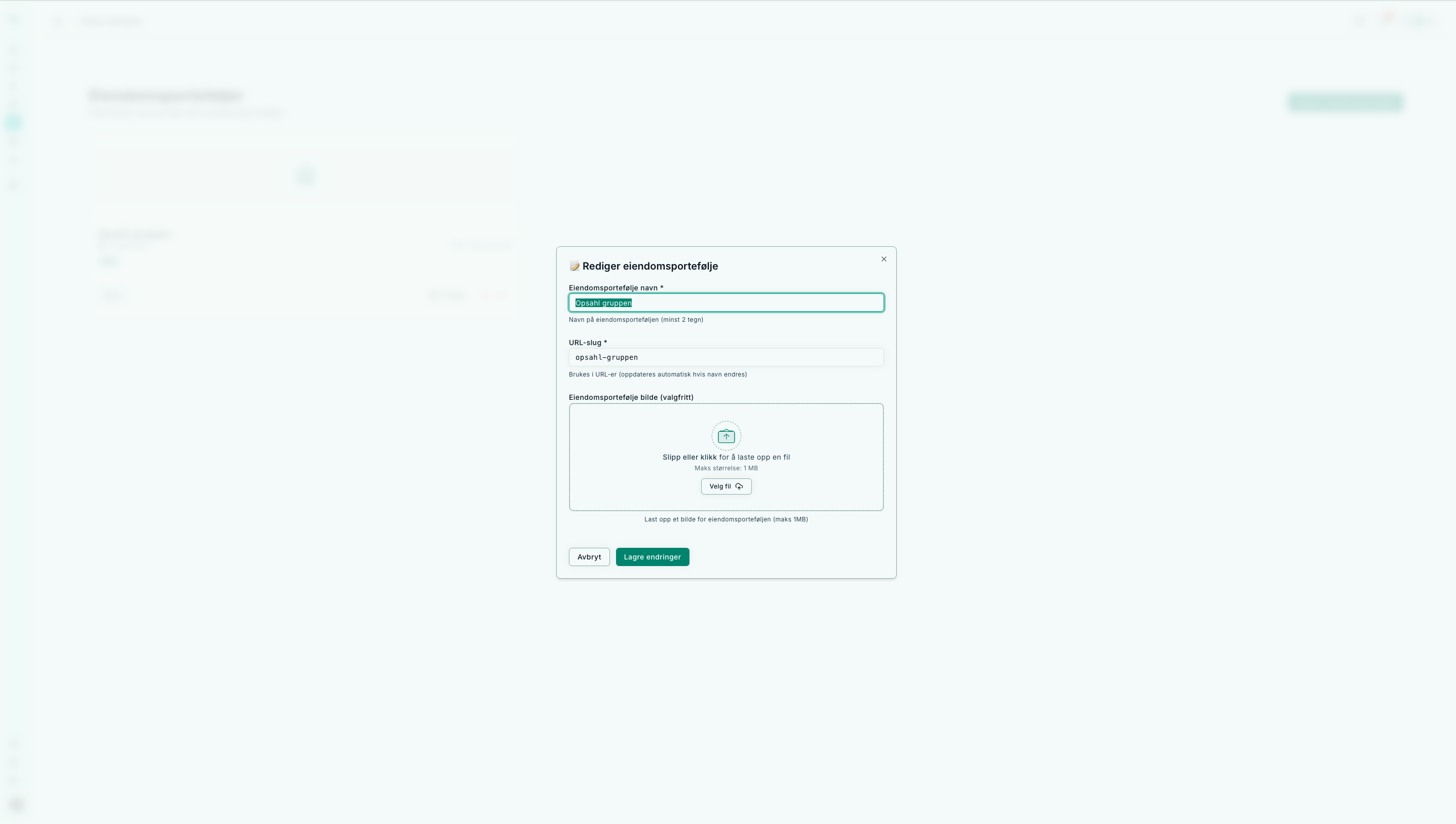 Dialog for redigering av navn, slug og bilde